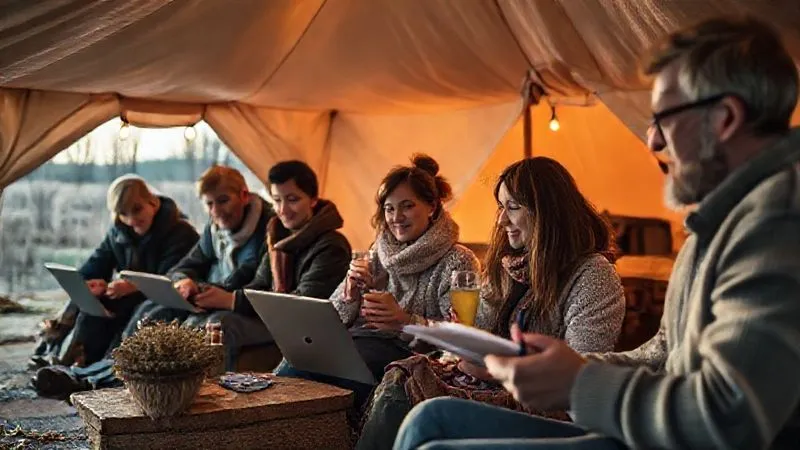 photorealistic, professional photography, 8K, cinematic lighting, sharp focus, depth of field, shot on a high-end DSLR, a diverse group of adults (mix of ages, including remote workers with laptops, a couple enjoying a hot drink, and an artist sketching) peacefully enjoying a luxury glamping site in a beautiful, slightly cool seasonal setting, perhaps late autumn or early spring, demonstrating tranquility and focus. photorealistic, professional photography, 8K, cinematic lighting, sharp focus, depth of field, shot on a high-end DSLR, a diverse group of adults (mix of ages, including remote workers with laptops, a couple enjoying a hot drink, and an artist sketching) peacefully enjoying a luxury glamping site in a beautiful, slightly cool seasonal setting, perhaps late autumn or early spring, demonstrating tranquility and focus.