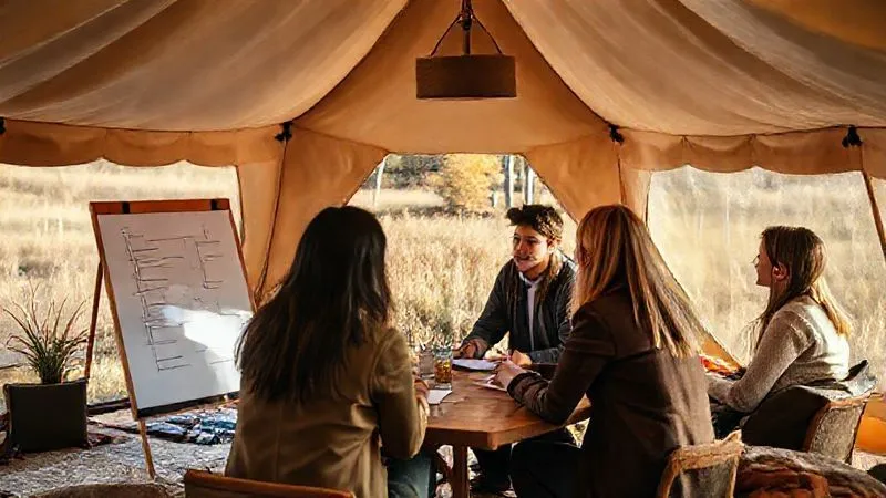 photorealistic, professional photography, 8K, cinematic lighting, sharp focus, depth of field, shot on a high-end DSLR, a small group of diverse professionals engaging in a collaborative activity (e.g., brainstorming with a whiteboard, or a guided outdoor team-building exercise) within a stylish, modern glamping setting during a crisp, clear autumn day, showing both nature and productivity. photorealistic, professional photography, 8K, cinematic lighting, sharp focus, depth of field, shot on a high-end DSLR, a small group of diverse professionals engaging in a collaborative activity (e.g., brainstorming with a whiteboard, or a guided outdoor team-building exercise) within a stylish, modern glamping setting during a crisp, clear autumn day, showing both nature and productivity.
