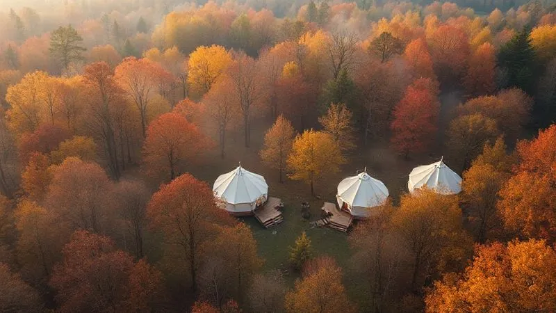 photorealistic, professional photography, 8K, cinematic lighting, sharp focus, depth of field, shot on a high-end DSLR, a breathtaking aerial view of a luxury glamping site nestled in a vibrant autumn forest, with hints of gentle morning mist and warm sunlight filtering through the trees, highlighting the unique seasonal ambiance and tranquility. Several glamping tents are visible, each with a soft glow from within. photorealistic, professional photography, 8K, cinematic lighting, sharp focus, depth of field, shot on a high-end DSLR, a breathtaking aerial view of a luxury glamping site nestled in a vibrant autumn forest, with hints of gentle morning mist and warm sunlight filtering through the trees, highlighting the unique seasonal ambiance and tranquility. Several glamping tents are visible, each with a soft glow from within.