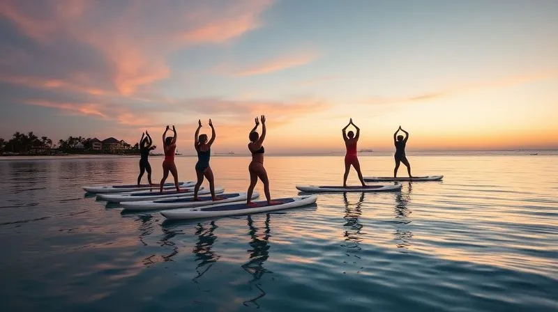 Photorealistic, professional photography, 8K, cinematic lighting, sharp focus, depth of field, shot on a high-end DSLR, of a group of resort guests participating in a 'Sunrise Serenity Paddleboard Yoga' session on calm, clear ocean water at dawn. The sky is painted with soft pastels, and the resort's beach in the background is subtly lit. The atmosphere is peaceful and luxurious, emphasizing a unique, high-value experience. Photorealistic, professional photography, 8K, cinematic lighting, sharp focus, depth of field, shot on a high-end DSLR, of a group of resort guests participating in a 'Sunrise Serenity Paddleboard Yoga' session on calm, clear ocean water at dawn. The sky is painted with soft pastels, and the resort's beach in the background is subtly lit. The atmosphere is peaceful and luxurious, emphasizing a unique, high-value experience.