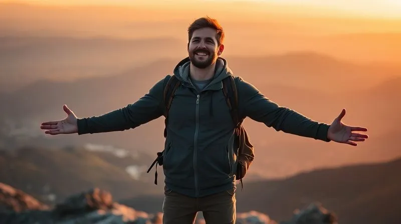 A photorealistic, professional photography, 8K, cinematic lighting, sharp focus, depth of field, shot on a high-end DSLR, of a solo traveler with a thoughtful, open expression, standing on a mountain peak at sunrise, arms slightly outstretched, symbolizing openness to new experiences and connections, with a vast, inspiring landscape in the background. A photorealistic, professional photography, 8K, cinematic lighting, sharp focus, depth of field, shot on a high-end DSLR, of a solo traveler with a thoughtful, open expression, standing on a mountain peak at sunrise, arms slightly outstretched, symbolizing openness to new experiences and connections, with a vast, inspiring landscape in the background.