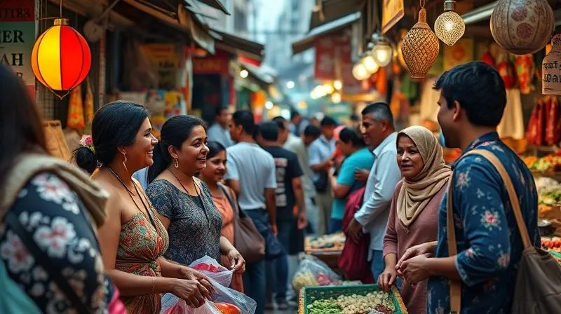 A photorealistic, professional photography, 8K, cinematic lighting, sharp focus, depth of field, shot on a high-end DSLR, of a bustling local market in a vibrant foreign city, with diverse people interacting, smiling, and exchanging goods, showcasing genuine human connection in everyday life. A photorealistic, professional photography, 8K, cinematic lighting, sharp focus, depth of field, shot on a high-end DSLR, of a bustling local market in a vibrant foreign city, with diverse people interacting, smiling, and exchanging goods, showcasing genuine human connection in everyday life.