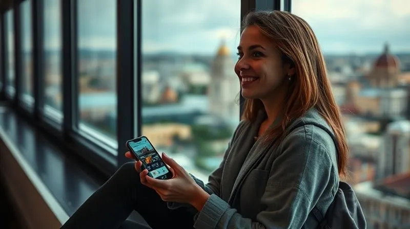 A photorealistic, professional photography, 8K, cinematic lighting, sharp focus, depth of field, shot on a high-end DSLR, of a solo traveler sitting by a window, looking out at a foreign cityscape, a subtle smile on their face, holding a smartphone with travel apps open, symbolizing thoughtful connection and resilience. A photorealistic, professional photography, 8K, cinematic lighting, sharp focus, depth of field, shot on a high-end DSLR, of a solo traveler sitting by a window, looking out at a foreign cityscape, a subtle smile on their face, holding a smartphone with travel apps open, symbolizing thoughtful connection and resilience.