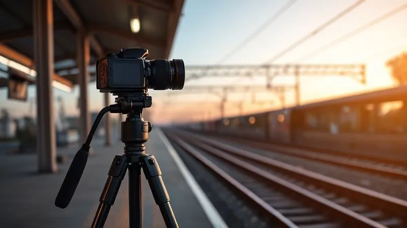 Photorealistic, professional photography, 8K, cinematic lighting, sharp focus on a sturdy carbon fiber tripod with a high-end DSLR mounted, positioned on a railway platform at dusk, a fast prime lens clearly visible, depth of field blurring a train track in the background, shot on a high-end DSLR. Photorealistic, professional photography, 8K, cinematic lighting, sharp focus on a sturdy carbon fiber tripod with a high-end DSLR mounted, positioned on a railway platform at dusk, a fast prime lens clearly visible, depth of field blurring a train track in the background, shot on a high-end DSLR.