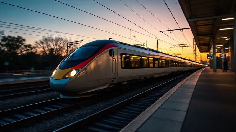Photorealistic, professional photography, 8K, cinematic lighting, sharp focus on a high-speed train, its body perfectly sharp, while the background (tracks, trees, station platform) is beautifully blurred horizontally due to panning, shot at dusk with dramatic light trails from the train's windows, depth of field highlighting the train, shot on a high-end DSLR. Photorealistic, professional photography, 8K, cinematic lighting, sharp focus on a high-speed train, its body perfectly sharp, while the background (tracks, trees, station platform) is beautifully blurred horizontally due to panning, shot at dusk with dramatic light trails from the train's windows, depth of field highlighting the train, shot on a high-end DSLR.