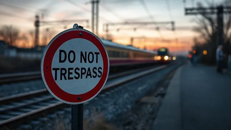 Photorealistic, professional photography, 8K, cinematic lighting, sharp focus on a 'Do Not Trespass' sign prominently displayed near railway tracks at dusk, with a blurred train passing in the background, emphasizing safety and caution, depth of field on the sign, shot on a high-end DSLR. Photorealistic, professional photography, 8K, cinematic lighting, sharp focus on a 'Do Not Trespass' sign prominently displayed near railway tracks at dusk, with a blurred train passing in the background, emphasizing safety and caution, depth of field on the sign, shot on a high-end DSLR.