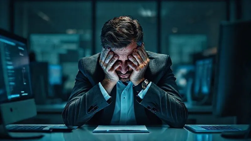 A photorealistic image of a sophisticated executive, mid-40s, sitting at a minimalist desk, head in hands, looking utterly drained and overwhelmed, surrounded by glowing digital screens in a dimly lit, modern office. The lighting is harsh, emphasizing shadows on their face, conveying extreme stress and mental fatigue. Sharp focus on the executive, depth of field blurring the background. Shot on a high-end DSLR. A photorealistic image of a sophisticated executive, mid-40s, sitting at a minimalist desk, head in hands, looking utterly drained and overwhelmed, surrounded by glowing digital screens in a dimly lit, modern office. The lighting is harsh, emphasizing shadows on their face, conveying extreme stress and mental fatigue. Sharp focus on the executive, depth of field blurring the background. Shot on a high-end DSLR.