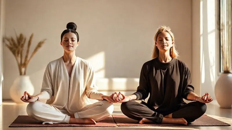 A photorealistic, professional photography, 8K image of a serene executive engaged in a one-on-one guided meditation session with a calm, experienced wellness guru in a sunlit, minimalist luxury spa studio. Soft, warm light fills the room, highlighting their relaxed postures. Sharp focus on their faces, depth of field subtly blurring the elegant studio interior. Shot on a high-end DSLR. A photorealistic, professional photography, 8K image of a serene executive engaged in a one-on-one guided meditation session with a calm, experienced wellness guru in a sunlit, minimalist luxury spa studio. Soft, warm light fills the room, highlighting their relaxed postures. Sharp focus on their faces, depth of field subtly blurring the elegant studio interior. Shot on a high-end DSLR.
