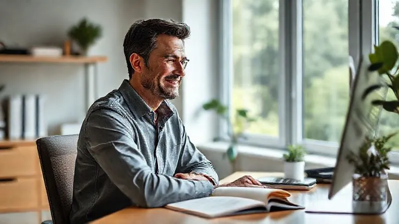 A photorealistic, professional photography, 8K image of a serene executive, now looking refreshed and balanced, sitting thoughtfully at a clean, organized home office desk. They are gently smiling, perhaps looking out a window at a natural landscape, with a small plant on their desk and a journal open. The lighting is soft and natural, conveying a sense of peace and sustained well-being. Sharp focus on the executive, depth of field blurring the background. Shot on a high-end DSLR. A photorealistic, professional photography, 8K image of a serene executive, now looking refreshed and balanced, sitting thoughtfully at a clean, organized home office desk. They are gently smiling, perhaps looking out a window at a natural landscape, with a small plant on their desk and a journal open. The lighting is soft and natural, conveying a sense of peace and sustained well-being. Sharp focus on the executive, depth of field blurring the background. Shot on a high-end DSLR.