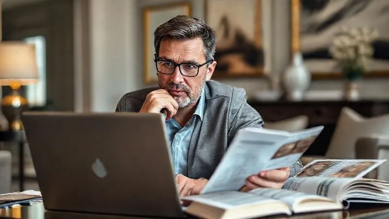 A photorealistic, professional photography, 8K image of a focused executive, mid-40s, meticulously researching luxury spa retreats on a high-end laptop, surrounded by open notebooks and printed brochures. Their expression is thoughtful and determined, conveying a sense of serious due diligence. The setting is a sophisticated, well-lit study with a backdrop of elegant decor. Sharp focus on the executive and the research materials, depth of field blurring the background. Shot on a high-end DSLR. A photorealistic, professional photography, 8K image of a focused executive, mid-40s, meticulously researching luxury spa retreats on a high-end laptop, surrounded by open notebooks and printed brochures. Their expression is thoughtful and determined, conveying a sense of serious due diligence. The setting is a sophisticated, well-lit study with a backdrop of elegant decor. Sharp focus on the executive and the research materials, depth of field blurring the background. Shot on a high-end DSLR.