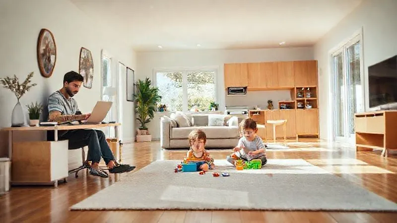 A photorealistic, professional photography, 8K, cinematic lighting, sharp focus, depth of field. A bright, inviting open-plan vacation rental living space. A parent is calmly working on a laptop at a dedicated, modern desk in a corner, while in the softly blurred middle ground, two children are happily playing with educational toys on a large rug. The scene conveys a harmonious blend of productivity and family enjoyment.