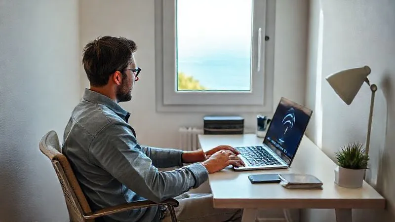 A photorealistic, professional photography, 8K, cinematic lighting, sharp focus, depth of field. A person is sitting comfortably at a well-organized, minimalist desk in a bright corner of a vacation rental, testing Wi-Fi speed on a laptop. The screen shows a speed test result. The workspace is neat, with a window overlooking a pleasant view, suggesting focus and productivity.