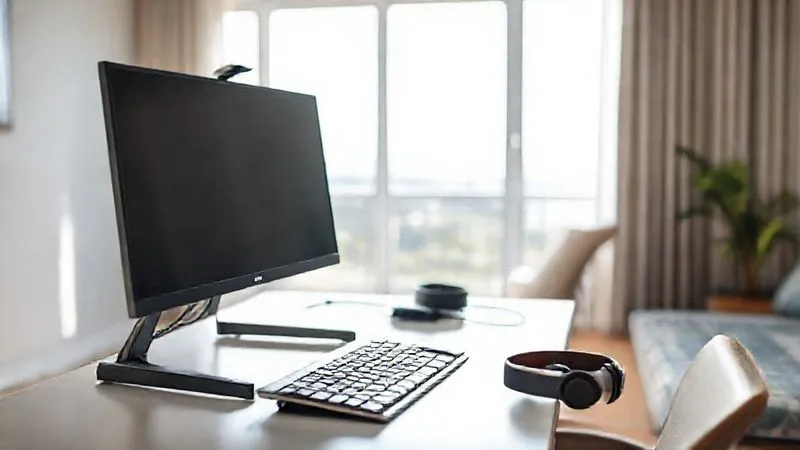 A photorealistic, professional photography, 8K, cinematic lighting, sharp focus, depth of field. A minimalist, yet highly functional temporary remote work setup in a bright vacation rental room. A laptop is connected to a portable external monitor, with ergonomic keyboard and mouse. Noise-canceling headphones rest on the desk. A large window behind the setup offers a blurred, scenic view, suggesting a productive escape.