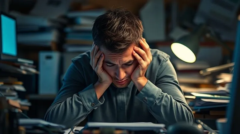 A photorealistic image of a person sitting at a cluttered desk, head in hands, looking utterly exhausted and overwhelmed, with a subtle glow of a screen reflecting on their face. The lighting is harsh and artificial, emphasizing the feeling of being trapped. Photorealistic, professional photography, 8K, cinematic lighting, sharp focus, depth of field, shot on a high-end DSLR. A photorealistic image of a person sitting at a cluttered desk, head in hands, looking utterly exhausted and overwhelmed, with a subtle glow of a screen reflecting on their face. The lighting is harsh and artificial, emphasizing the feeling of being trapped. Photorealistic, professional photography, 8K, cinematic lighting, sharp focus, depth of field, shot on a high-end DSLR.
