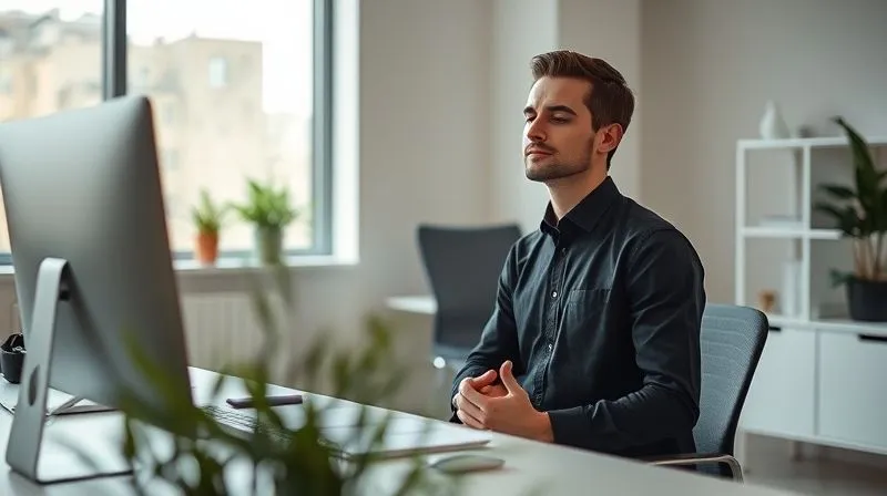 A professional in a modern, minimalist office setting, taking a mindful breath or meditating briefly at their desk. The scene is calm, with natural light, and a subtle plant in the foreground. The individual looks focused and serene amidst their work. Photorealistic, professional photography, 8K, cinematic lighting, sharp focus, depth of field, shot on a high-end DSLR. A professional in a modern, minimalist office setting, taking a mindful breath or meditating briefly at their desk. The scene is calm, with natural light, and a subtle plant in the foreground. The individual looks focused and serene amidst their work. Photorealistic, professional photography, 8K, cinematic lighting, sharp focus, depth of field, shot on a high-end DSLR.