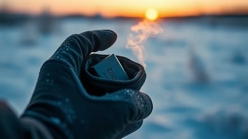 A photorealistic close-up of a gloved hand carefully placing a camera battery into a small, insulated, black fabric pouch, with a subtle wisp of steam rising from the pouch. The background is a softly blurred, frosty winter landscape at sunset. 8K, cinematic lighting, sharp focus on the hand and pouch, depth of field, shot on a high-end DSLR.