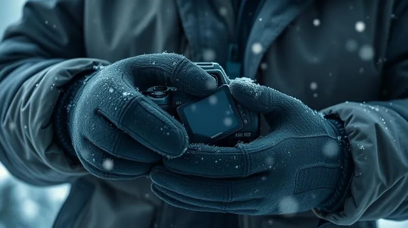 A photorealistic, professional photography shot of a photographer's gloved hands quickly and efficiently swapping a camera battery, with the camera partially tucked inside a heavy winter jacket for warmth. Snowflakes are gently falling, and the background shows a blurred, majestic winter mountain scene. 8K, cinematic lighting, sharp focus on the hands and camera, depth of field, shot on a high-end DSLR.