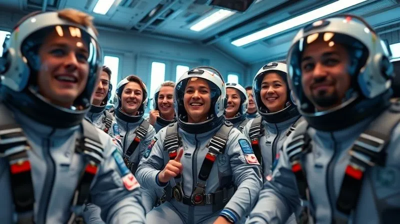 A diverse group of space tourists in sleek, modern flight suits undergoing a zero-G training simulation, looking excited but focused, inside a high-tech facility, photorealistic, professional photography, 8K, cinematic lighting, sharp focus, depth of field, shot on a high-end DSLR. A diverse group of space tourists in sleek, modern flight suits undergoing a zero-G training simulation, looking excited but focused, inside a high-tech facility, photorealistic, professional photography, 8K, cinematic lighting, sharp focus, depth of field, shot on a high-end DSLR.