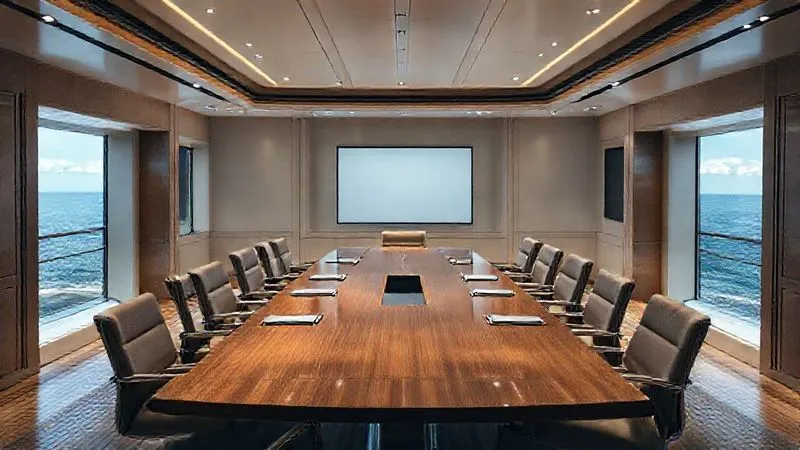 photorealistic, professional photography, 8K, cinematic lighting, sharp focus, depth of field, shot on a high-end DSLR. An elegant, modern, soundproofed conference room inside a luxury superyacht. The room features a large, polished wooden table, comfortable executive chairs, a large screen for presentations, and panoramic windows showing a serene ocean view. The atmosphere is professional and discreet, with subtle lighting. photorealistic, professional photography, 8K, cinematic lighting, sharp focus, depth of field, shot on a high-end DSLR. An elegant, modern, soundproofed conference room inside a luxury superyacht. The room features a large, polished wooden table, comfortable executive chairs, a large screen for presentations, and panoramic windows showing a serene ocean view. The atmosphere is professional and discreet, with subtle lighting.