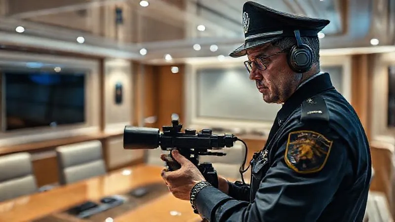 photorealistic, professional photography, 8K, cinematic lighting, sharp focus, depth of field, shot on a high-end DSLR. A professional security expert in a discreet uniform conducting a thorough electronic sweep of a luxury yacht's conference room. The expert uses specialized equipment to detect listening devices, with a focused expression, ensuring the room is secure. The setting emphasizes meticulous attention to detail and privacy. photorealistic, professional photography, 8K, cinematic lighting, sharp focus, depth of field, shot on a high-end DSLR. A professional security expert in a discreet uniform conducting a thorough electronic sweep of a luxury yacht's conference room. The expert uses specialized equipment to detect listening devices, with a focused expression, ensuring the room is secure. The setting emphasizes meticulous attention to detail and privacy.