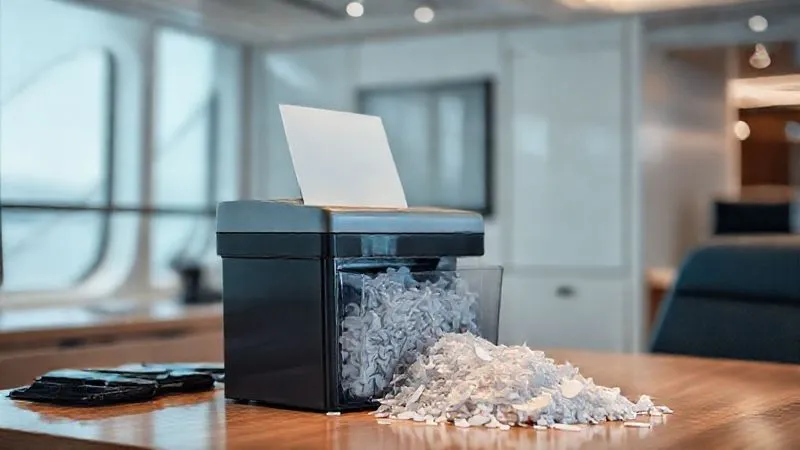 photorealistic, professional photography, 8K, cinematic lighting, sharp focus, depth of field, shot on a high-end DSLR. A professional-grade, cross-cut paper shredder actively shredding documents on a clean, modern desk inside a luxury yacht's office. The focus is on the shredding process, emphasizing the secure destruction of sensitive information. The background shows a hint of a luxurious, discreet interior. photorealistic, professional photography, 8K, cinematic lighting, sharp focus, depth of field, shot on a high-end DSLR. A professional-grade, cross-cut paper shredder actively shredding documents on a clean, modern desk inside a luxury yacht's office. The focus is on the shredding process, emphasizing the secure destruction of sensitive information. The background shows a hint of a luxurious, discreet interior.