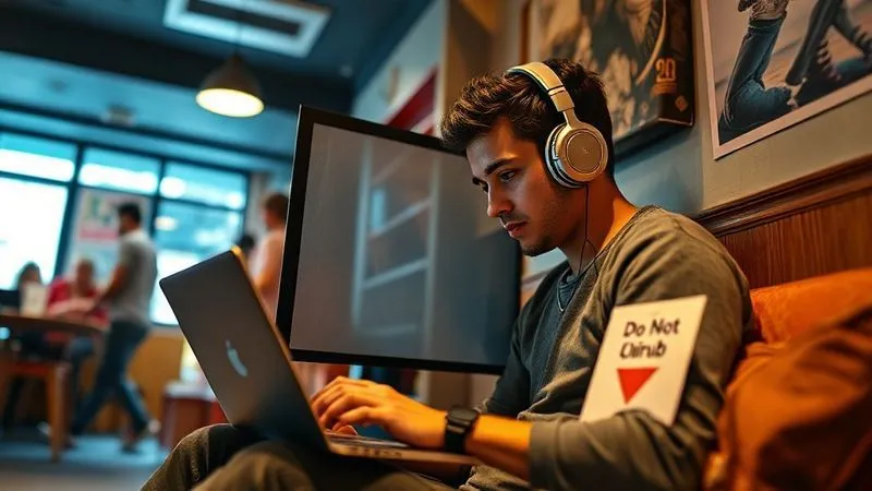 A photorealistic image from a low angle, showing a digital nomad creatively transforming a small, well-lit corner of a hostel common area into a temporary, focused workspace. They are using a portable privacy screen around their laptop, wearing noise-canceling headphones, with a 'Do Not Disturb' sign subtly placed. The background shows blurred activity of other hostel guests, emphasizing the contrast between the focused individual and their environment. Cinematic lighting, sharp focus on the workspace, depth of field. 8K hyper-detailed, shot on a high-end DSLR. A photorealistic image from a low angle, showing a digital nomad creatively transforming a small, well-lit corner of a hostel common area into a temporary, focused workspace. They are using a portable privacy screen around their laptop, wearing noise-canceling headphones, with a 'Do Not Disturb' sign subtly placed. The background shows blurred activity of other hostel guests, emphasizing the contrast between the focused individual and their environment. Cinematic lighting, sharp focus on the workspace, depth of field. 8K hyper-detailed, shot on a high-end DSLR.