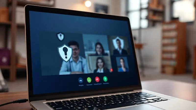 A photorealistic shot of a laptop screen displaying a secure video conference, with a VPN indicator prominently visible in the corner. A privacy screen filter is subtly applied, creating a narrow viewing angle. The background is a slightly blurred hostel common area, emphasizing the need for digital security in shared spaces. Cinematic lighting, sharp focus on the screen and its security elements, depth of field. 8K hyper-detailed, shot on a high-end DSLR. A photorealistic shot of a laptop screen displaying a secure video conference, with a VPN indicator prominently visible in the corner. A privacy screen filter is subtly applied, creating a narrow viewing angle. The background is a slightly blurred hostel common area, emphasizing the need for digital security in shared spaces. Cinematic lighting, sharp focus on the screen and its security elements, depth of field. 8K hyper-detailed, shot on a high-end DSLR.