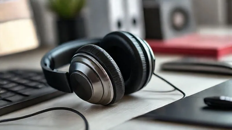 A close-up, photorealistic shot of high-quality, over-ear noise-cancelling headphones resting on a minimalist desk, with soft, professional lighting, 8K hyper-detailed.
