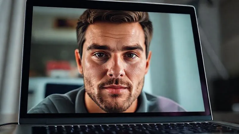A photorealistic close-up of a laptop screen during a video call, showing a clear, well-lit face with a subtly blurred virtual background, professional softbox lighting reflecting in the eyes, 8K, sharp focus.
