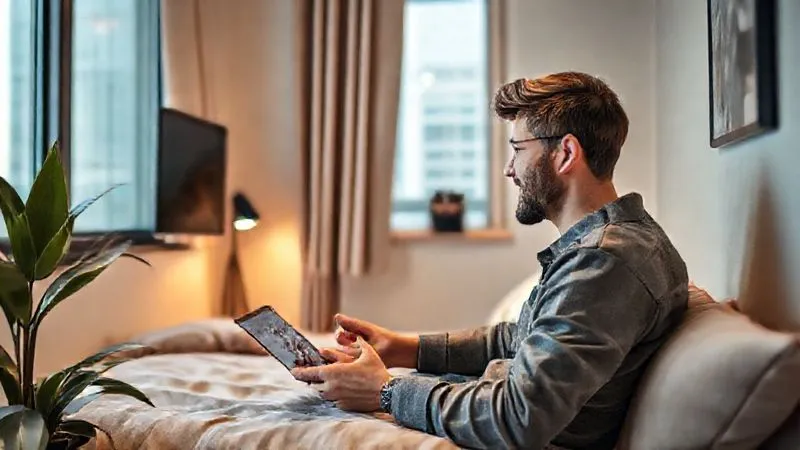 A photorealistic scene showing a digital nomad successfully conducting a professional video call from a well-arranged, quiet corner of a modern hostel, with good lighting, a clean background, and a sense of calm focus despite the travel environment, 8K, sharp focus.