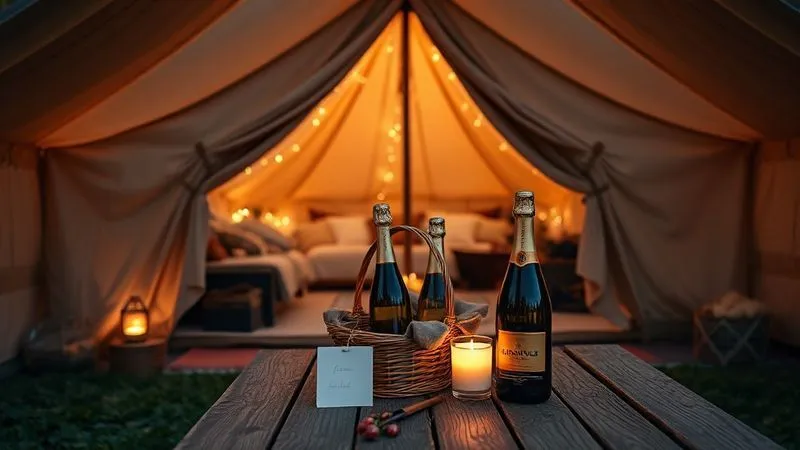 photorealistic, professional photography, 8K, cinematic lighting, sharp focus, depth of field, shot on a high-end DSLR. A warm, inviting glamping tent entrance at dusk, with soft interior lighting spilling out. A small, elegant welcome basket with a handwritten note and two champagne flutes sits on a rustic table outside. Lush, natural surroundings are visible, creating a sense of tranquil arrival.