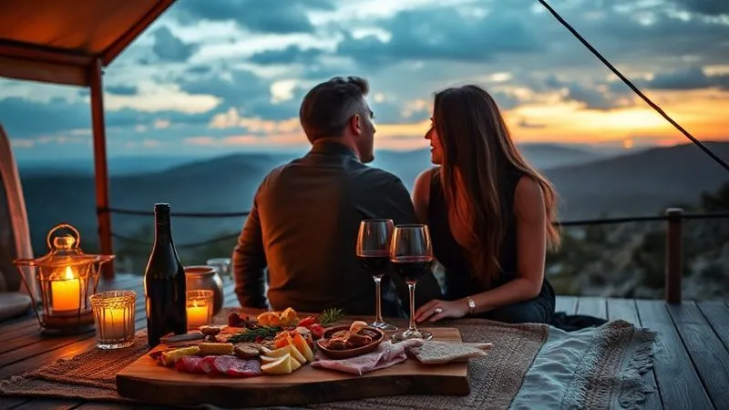 photorealistic, professional photography, 8K, cinematic lighting, sharp focus, depth of field, shot on a high-end DSLR. A romantic couple enjoying a gourmet picnic on a secluded glamping deck at sunset, overlooking a breathtaking natural vista. A beautifully arranged charcuterie board and wine are prominent, with the golden hour light creating a warm, intimate atmosphere.