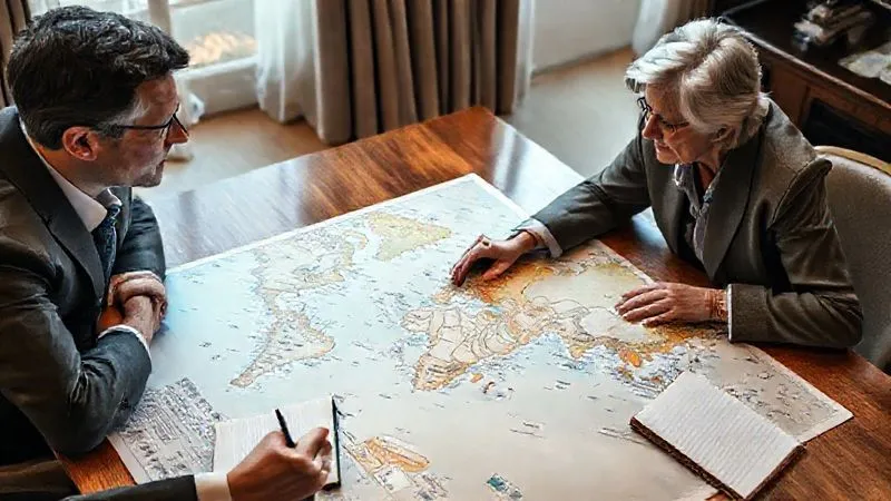 photorealistic, professional photography, 8K, cinematic lighting, sharp focus, depth of field, shot on a high-end DSLR, a luxury travel designer, mid-40s, elegantly dressed, deeply engaged in an empathetic conversation with a sophisticated client, late 50s, over a beautifully detailed world map spread on a polished wooden table, both reflecting thoughtful expressions, a notepad with handwritten notes visible, warm, inviting atmosphere. photorealistic, professional photography, 8K, cinematic lighting, sharp focus, depth of field, shot on a high-end DSLR, a luxury travel designer, mid-40s, elegantly dressed, deeply engaged in an empathetic conversation with a sophisticated client, late 50s, over a beautifully detailed world map spread on a polished wooden table, both reflecting thoughtful expressions, a notepad with handwritten notes visible, warm, inviting atmosphere.