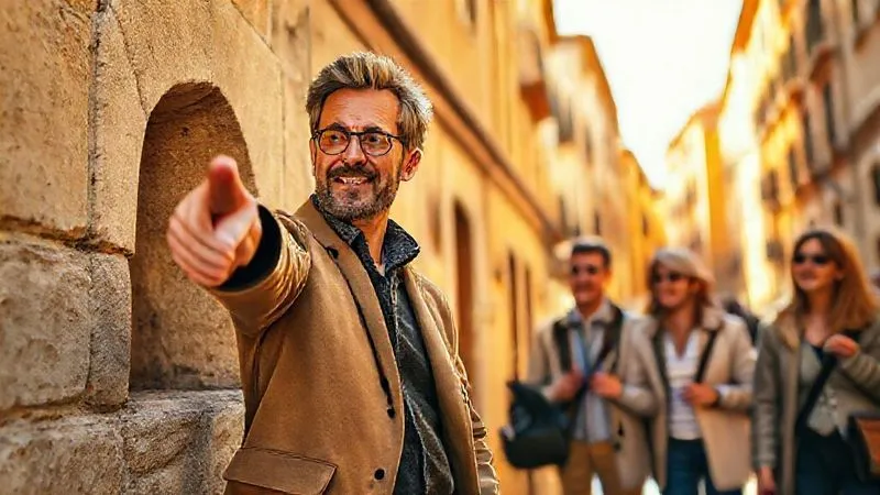 photorealistic, professional photography, 8K, cinematic lighting, sharp focus, depth of field, shot on a high-end DSLR, a charismatic local guide, mid-40s, dressed in stylish yet practical attire, enthusiastically pointing towards a hidden architectural detail on an ancient building in a vibrant, sun-drenched European city, engaging a small group of discerning luxury travelers who are captivated, warm natural light. photorealistic, professional photography, 8K, cinematic lighting, sharp focus, depth of field, shot on a high-end DSLR, a charismatic local guide, mid-40s, dressed in stylish yet practical attire, enthusiastically pointing towards a hidden architectural detail on an ancient building in a vibrant, sun-drenched European city, engaging a small group of discerning luxury travelers who are captivated, warm natural light.