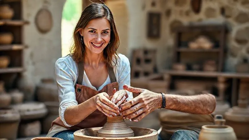 photorealistic, professional photography, 8K, cinematic lighting, sharp focus, depth of field, shot on a high-end DSLR, a sophisticated female luxury traveler, mid-30s, with a genuine smile, actively participating in a traditional artisan workshop in a sun-drenched Italian village, hands gently shaping pottery alongside a wise local craftsman, vibrant colors, rich textures, authentic cultural immersion. photorealistic, professional photography, 8K, cinematic lighting, sharp focus, depth of field, shot on a high-end DSLR, a sophisticated female luxury traveler, mid-30s, with a genuine smile, actively participating in a traditional artisan workshop in a sun-drenched Italian village, hands gently shaping pottery alongside a wise local craftsman, vibrant colors, rich textures, authentic cultural immersion.
