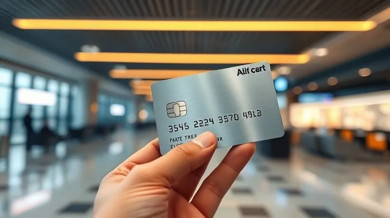 A close-up, photorealistic shot of a hand holding a sleek, metallic elite airline loyalty card, with a blurred background of a modern airport lounge. Professional photography, 8K, cinematic lighting, sharp focus on the card, depth of field blurring the lounge, shot on a high-end DSLR. A close-up, photorealistic shot of a hand holding a sleek, metallic elite airline loyalty card, with a blurred background of a modern airport lounge. Professional photography, 8K, cinematic lighting, sharp focus on the card, depth of field blurring the lounge, shot on a high-end DSLR.