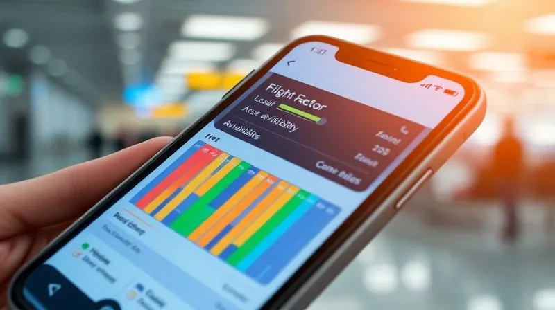 A photorealistic close-up of a smartphone screen displaying a flight load factor application with various colored bars indicating seat availability across different cabin classes. The background is a blurred airport terminal. Professional photography, 8K, cinematic lighting, sharp focus on the phone screen, depth of field blurring the background, shot on a high-end DSLR. A photorealistic close-up of a smartphone screen displaying a flight load factor application with various colored bars indicating seat availability across different cabin classes. The background is a blurred airport terminal. Professional photography, 8K, cinematic lighting, sharp focus on the phone screen, depth of field blurring the background, shot on a high-end DSLR.