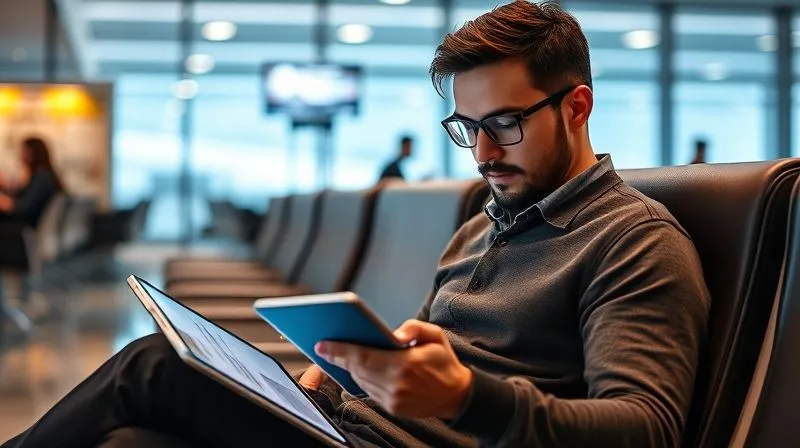 A photorealistic image of a person sitting in a modern airport lounge, intently reading an airline's digital policy document on a tablet, with a focused expression. Professional photography, 8K, cinematic lighting, sharp focus on the tablet and face, depth of field blurring the lounge background, shot on a high-end DSLR. A photorealistic image of a person sitting in a modern airport lounge, intently reading an airline's digital policy document on a tablet, with a focused expression. Professional photography, 8K, cinematic lighting, sharp focus on the tablet and face, depth of field blurring the lounge background, shot on a high-end DSLR.