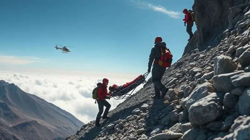 A photorealistic long shot of a rescue team on a steep, rocky high-altitude trail, carefully moving a stretcher with a patient. A helicopter is visible in the distant sky. The scene is dramatic with cinematic lighting, sharp focus on the rescue team, depth of field blurring the background, 8K hyper-detailed, professional photography, shot on a high-end DSLR. A photorealistic long shot of a rescue team on a steep, rocky high-altitude trail, carefully moving a stretcher with a patient. A helicopter is visible in the distant sky. The scene is dramatic with cinematic lighting, sharp focus on the rescue team, depth of field blurring the background, 8K hyper-detailed, professional photography, shot on a high-end DSLR.