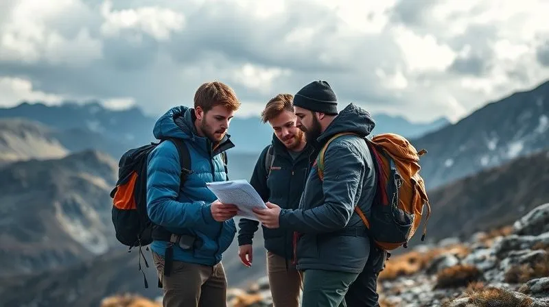 A photorealistic image of a small group of trekkers huddled together on a mountain trail, looking serious and focused, discussing a map or communication device. The background shows rugged, high-altitude terrain under a dramatic sky. Cinematic lighting, sharp focus on the group, depth of field, 8K hyper-detailed, professional photography, shot on a high-end DSLR. A photorealistic image of a small group of trekkers huddled together on a mountain trail, looking serious and focused, discussing a map or communication device. The background shows rugged, high-altitude terrain under a dramatic sky. Cinematic lighting, sharp focus on the group, depth of field, 8K hyper-detailed, professional photography, shot on a high-end DSLR.
