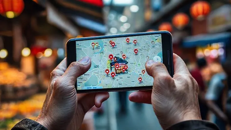 A photorealistic, professional photography, 8K, cinematic lighting, sharp focus, depth of field, shot on a high-end DSLR of a traveler's hands holding a smartphone, zoomed in on a map showing pins for highly-rated street food stalls in a bustling foreign city. The background is slightly blurred, showing market activity. The scene conveys diligent pre-trip research and smart planning. A photorealistic, professional photography, 8K, cinematic lighting, sharp focus, depth of field, shot on a high-end DSLR of a traveler's hands holding a smartphone, zoomed in on a map showing pins for highly-rated street food stalls in a bustling foreign city. The background is slightly blurred, showing market activity. The scene conveys diligent pre-trip research and smart planning.