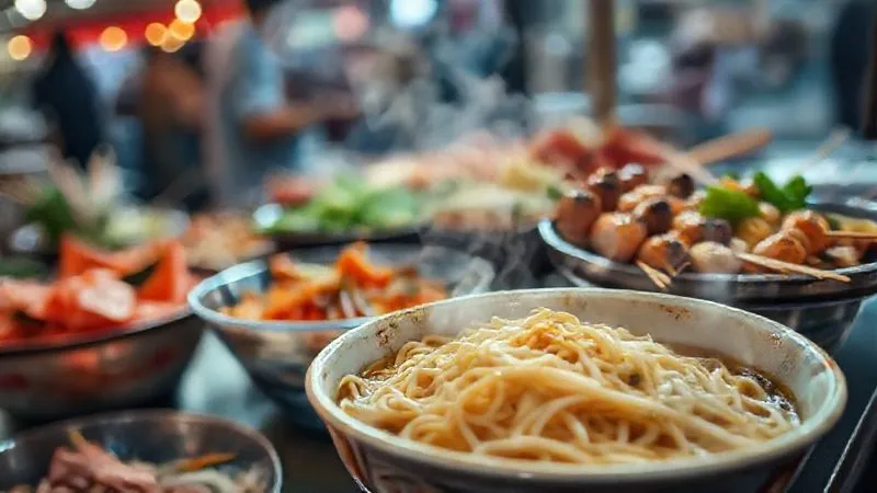 A photorealistic, professional photography, 8K, cinematic lighting, sharp focus, depth of field, shot on a high-end DSLR of a variety of street food dishes, with a clear distinction between safe and potentially risky options. In the foreground, a steaming bowl of freshly cooked noodles and grilled skewers. In the background, slightly blurred, are raw salads or unpeeled fruits, subtly suggesting caution. The scene highlights smart food choices for travelers. A photorealistic, professional photography, 8K, cinematic lighting, sharp focus, depth of field, shot on a high-end DSLR of a variety of street food dishes, with a clear distinction between safe and potentially risky options. In the foreground, a steaming bowl of freshly cooked noodles and grilled skewers. In the background, slightly blurred, are raw salads or unpeeled fruits, subtly suggesting caution. The scene highlights smart food choices for travelers.