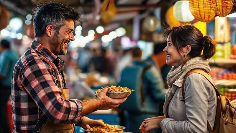 A photorealistic, professional photography, 8K, cinematic lighting, sharp focus, depth of field, shot on a high-end DSLR of a cheerful street food vendor in a vibrant market, warmly interacting with a traveler. The vendor is handing over a freshly prepared dish, and the traveler is smiling, perhaps attempting a few words in the local language. The scene emphasizes cultural connection and positive interaction. A photorealistic, professional photography, 8K, cinematic lighting, sharp focus, depth of field, shot on a high-end DSLR of a cheerful street food vendor in a vibrant market, warmly interacting with a traveler. The vendor is handing over a freshly prepared dish, and the traveler is smiling, perhaps attempting a few words in the local language. The scene emphasizes cultural connection and positive interaction.