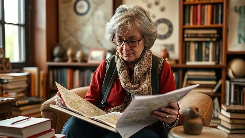 A photorealistic, professional photograph showing a seasoned travel researcher, perhaps a woman in her 50s, meticulously studying maps, local community reports, and digital data on a tablet, surrounded by books and cultural artifacts. The setting is a cozy, well-lit study, emphasizing deep investigation and thoughtful planning. 8K, cinematic lighting, sharp focus on the details of her work, depth of field blurring the background slightly. A photorealistic, professional photograph showing a seasoned travel researcher, perhaps a woman in her 50s, meticulously studying maps, local community reports, and digital data on a tablet, surrounded by books and cultural artifacts. The setting is a cozy, well-lit study, emphasizing deep investigation and thoughtful planning. 8K, cinematic lighting, sharp focus on the details of her work, depth of field blurring the background slightly.