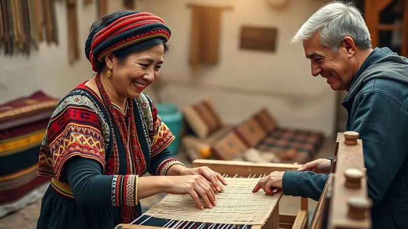A photorealistic, professional photograph capturing a moment of genuine cultural exchange during a festival. A local Andean woman, in traditional attire, is gently teaching a respectful, smiling traveler how to weave on a traditional loom. The scene is bathed in warm, natural light, with authentic details of a village home in the background. 8K, cinematic lighting, sharp focus on the hands and faces, depth of field blurring the background slightly to highlight the interaction. A photorealistic, professional photograph capturing a moment of genuine cultural exchange during a festival. A local Andean woman, in traditional attire, is gently teaching a respectful, smiling traveler how to weave on a traditional loom. The scene is bathed in warm, natural light, with authentic details of a village home in the background. 8K, cinematic lighting, sharp focus on the hands and faces, depth of field blurring the background slightly to highlight the interaction.