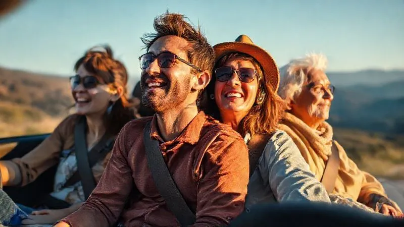 photorealistic, professional photography, 8K, cinematic lighting, sharp focus, depth of field, shot on a high-end DSLR. A diverse group of travelers, including a multi-generational family, young adventurers, and a senior couple, are seen in separate vignettes within a single composite image. Each group is enjoying their specific music genre (indicated by subtle visual cues like a child singing along, a young person head-bopping, an older person relaxing) while on scenic road trips, emphasizing happiness and engagement. The lighting is warm and inviting. photorealistic, professional photography, 8K, cinematic lighting, sharp focus, depth of field, shot on a high-end DSLR. A diverse group of travelers, including a multi-generational family, young adventurers, and a senior couple, are seen in separate vignettes within a single composite image. Each group is enjoying their specific music genre (indicated by subtle visual cues like a child singing along, a young person head-bopping, an older person relaxing) while on scenic road trips, emphasizing happiness and engagement. The lighting is warm and inviting.