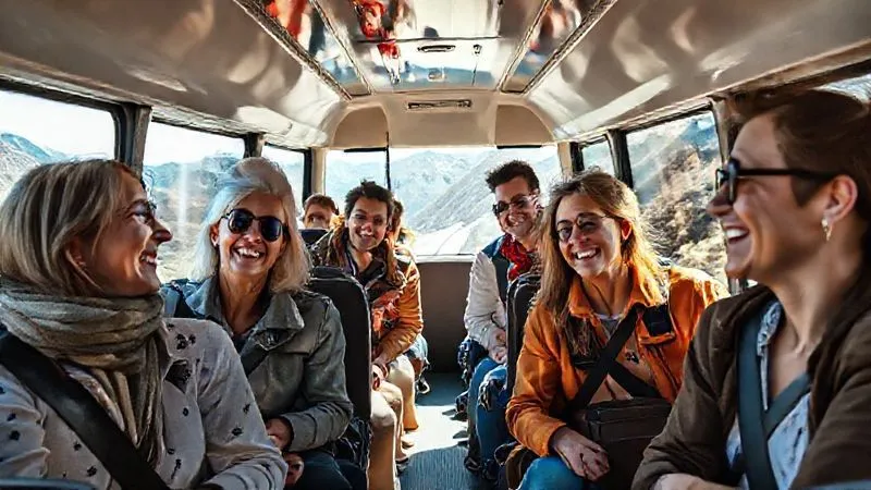 photorealistic, professional photography, 8K, cinematic lighting, sharp focus, depth of field, shot on a high-end DSLR. Happy, diverse travelers of various ages are seen inside a luxurious, clean tour bus, smiling and conversing, with some subtly nodding their heads to music. Outside the large windows, a breathtaking, sun-drenched mountain road unfolds. The interior is well-lit and comfortable, suggesting a high-quality travel experience, with the music subtly contributing to the positive atmosphere. photorealistic, professional photography, 8K, cinematic lighting, sharp focus, depth of field, shot on a high-end DSLR. Happy, diverse travelers of various ages are seen inside a luxurious, clean tour bus, smiling and conversing, with some subtly nodding their heads to music. Outside the large windows, a breathtaking, sun-drenched mountain road unfolds. The interior is well-lit and comfortable, suggesting a high-quality travel experience, with the music subtly contributing to the positive atmosphere.