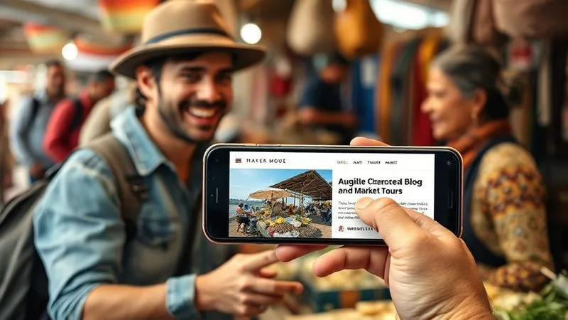 A photorealistic image of a traveler smiling genuinely while interacting with a local artisan at a market stall, a smartphone displaying a well-designed travel blog post about authentic market tours in the foreground, professional photography, 8K, cinematic lighting, sharp focus on both the interaction and the phone screen, depth of field blurring the background, shot on a high-end DSLR. A photorealistic image of a traveler smiling genuinely while interacting with a local artisan at a market stall, a smartphone displaying a well-designed travel blog post about authentic market tours in the foreground, professional photography, 8K, cinematic lighting, sharp focus on both the interaction and the phone screen, depth of field blurring the background, shot on a high-end DSLR.