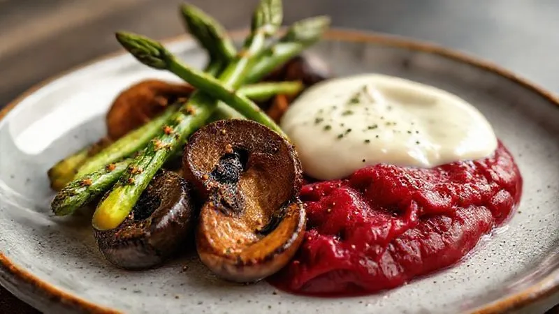 A close-up, photorealistic, professional photography, 8K, cinematic lighting, sharp focus, depth of field, shot on a high-end DSLR, of a beautifully arranged vegan tasting plate featuring a variety of textures and colors: vibrant green asparagus spears, earthy roasted mushrooms, rich red beet puree, and a creamy white plant-based sauce, emphasizing the diversity of plant-based ingredients.