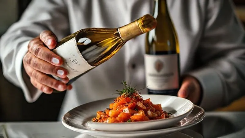 A photorealistic, professional photography, 8K, cinematic lighting, sharp focus, depth of field, shot on a high-end DSLR. A sommelier's hand presenting a bottle of Albarino next to a beautifully plated smoked carrot lox tartare dish, with soft, diffused light highlighting the textures and vibrant colors of the food.